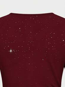 Sparklyn 女童黑色亮片派对连衣裙，修身长袖针织连衣裙，饰有荷叶边蝴蝶结，适合鸡尾酒会、节日旅行等场合。 - 酒紅色 - 查看 6