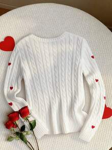 SHEIN Franclia Heart Pattern Cable Knit Casual Crew Neck Long Sleeve Pullover Sweater - White - View 3