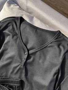 Teen Girls'T-Shirt Set, Casual Autumn Black Holiday Long Sleeve V-Neck Button Decor Vertical Striped Top+Elastic Waist Shorts Set, Relaxed Fit Wear - Black - View 7