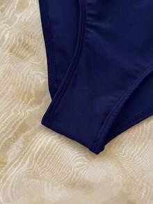 SHEIN 少女黑白蝴蝶结撞色吊带泳衣套装，保守款比基尼套装，适合海滩度假 - 藏蓝色 - 查看 5