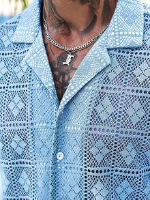 Manfinity RSRT 男士度假休闲镂空针织衫短裤套装 男士度假短裤套装 男士两件套 夏季蓝色两件套 男士两件套休闲短裤套装 男士浅蓝色短裤套装 - 淺藍色 - 查看 3