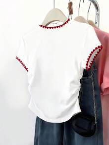 Resyla 女士户外休闲上衣，甜美风格，优雅设计，夏季新品，户外运动，修身腰部褶皱短袖T恤，白色，樱桃图案，刺绣工艺，锯齿状刺绣，女士T恤 - 白色 - 查看 2