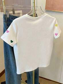 Resyla Women's Casual Heart Embroidery Short Sleeve T-Shirt, Summer - White - View 2