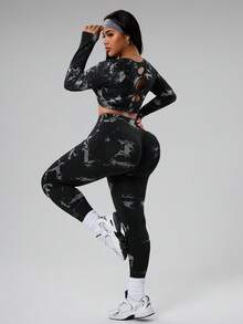 Rhythm Era Plus Size Women's Seamless Hollow Back Tie-Dye Black & White Long Sleeve Top And Pants Set Matching Workout Set Workout Sets Women Long Sleeve 2 Piece Sets Woman Workout - Multicolor - View 3