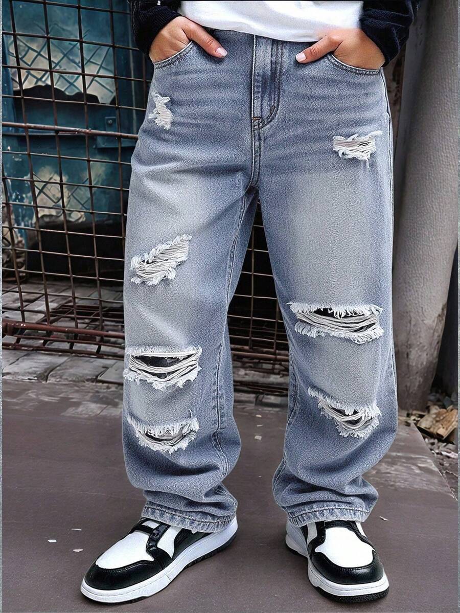 Coolqubz Denimly Boys' Elastic Waist Zip Fly Ripped Design Straight Leg Jeans, Preppy Outdoorsy Style