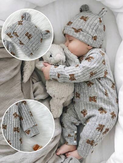 SHEIN 婴儿男女通用罗纹布小熊印花长袖连体衣和3D熊耳朵帽两件套，婴幼儿秋冬季服装，适合休闲、户外、度假等各种场合，男女皆宜的百搭设计