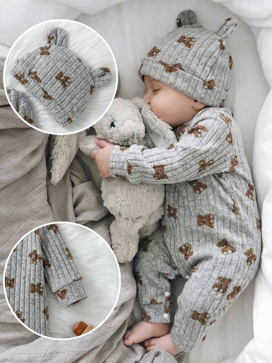 SHEIN 婴儿男女通用罗纹布小熊印花长袖连体衣和3D熊耳朵帽两件套，婴幼儿秋冬季服装，适合休闲、户外、度假等各种场合，男女皆宜的百搭设计 - 淺灰色 - 查看 1