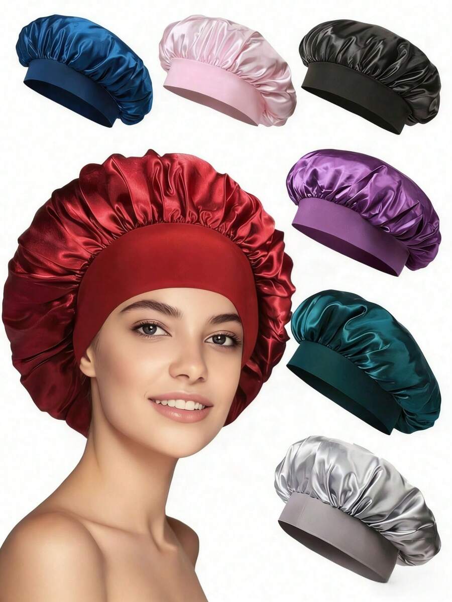 1 chiếc mũ ngủ bằng lụa satin mềm mại, có dây chun co giãn, thích hợp cho nữ, màu đen, hồng, xanh dương, trang trí nhà cửa, phòng tắm, mùa hè, mùa tựu trường, màu trơn cổ điển, kiểu tóc xoăn gợn sóng, vành rộng, chất liệu satin co giãn, quà tặng chăm sóc tóc ban đêm cho phái nữ.