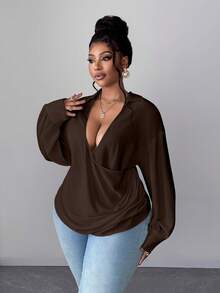 Maweii 大码长袖时尚优雅通勤百搭甜美衬衫 - 咖啡棕 - 查看 6