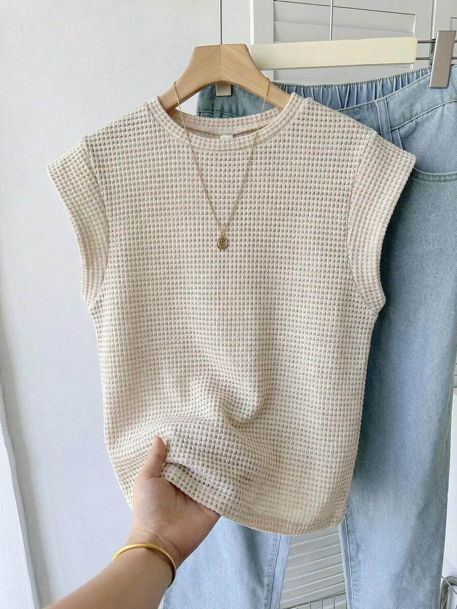 SHEIN Áo thun ngắn tay cổ tròn kẻ sọc dành cho nữ tuổi teen, phong cách tối giản thoải mái mùa hè - Màu Khaki - Xem 1