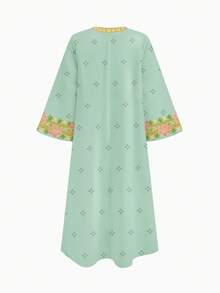 SHEIN 薄荷绿碎花儿童长袍，少女休闲舒适优雅花朵图案仿金丝缎带印花流苏V领宽松长袖连衣裙，适合春夏日常穿着、节日庆典。 - 彩色 - 查看 2