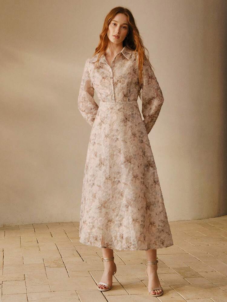 WOMEN'S MID-LENGTH TIE DYE TEXTURED WAIST CINCHING ELEGANT SHIRT DRESS