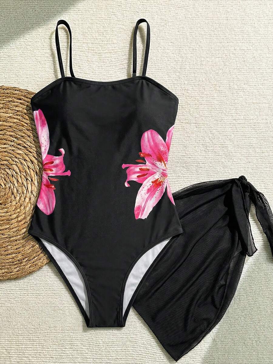 SHEIN 少女夏季休闲海滩、学校、游泳课、欢乐假期，黑白撞色花卉镂空连体泳衣，网纱系带细节 - 黑色 - 查看 1