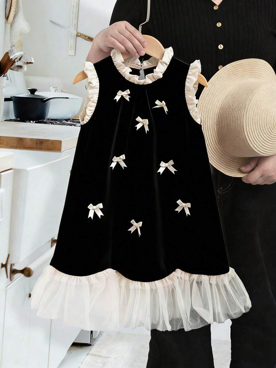 SHEIN Genkimix Kids 女童夏季休闲网纱拼接蝴蝶结装饰连衣裙 - 黑色 - 查看 1
