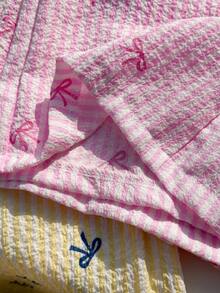 少女休闲蝴蝶结刺绣松紧腰条纹裤，简约基础款家居裤，适合春夏日常穿着 - 彩色 - 查看 4