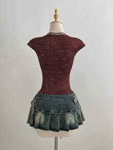 Elamini Brown Polka Dot Print Contrast White Lace V-Neck Waist Cinched Short Sleeve Cropped T-Shirt, Women's Spring/Summer Fashion Commute Vacation Retro Elegant Cute Date Minimalist Everyday Versatile - Brown - View 2