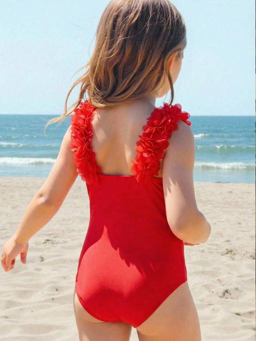 Emery Rose Kids Emery Rose Kids Young Girl 3D Floral One-Piece Swimsuit Girls Pink Bow Swimsuit Girls Striped Swimsuit One Piece Swimsuit Girls Pink One Piece Swimsuit Girls Swimwear - Red - View 1