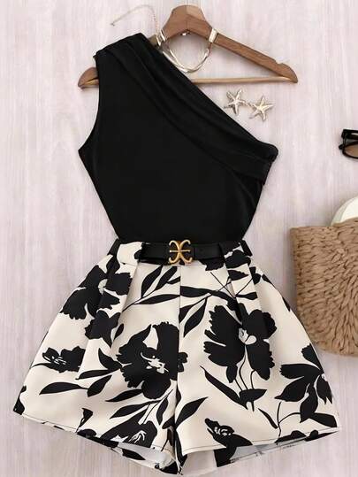 EMERY ROSE Damesset bestaande uit een effen mouwloze crop top en een short met bloemenprint.