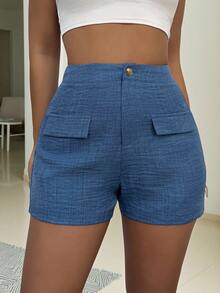Vavine Summer Casual Blue Straight Textured Elastic Waist Shorts - Blue - View 5