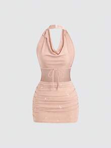 SHEIN PETITE Women's Short Turtleneck Backless Sequin Bodycon Party Mini Dress ,Petite Women - Dusty Pink - View 2