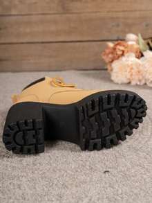 .Nuevos botines de tacón alto con adornos para otoño/invierno. Botas de mujer con tacón grueso, cordones y punta redonda.(Altura del tacón 7 cm) - Caqui - Ver 6