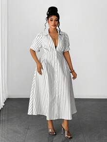 Maweii Retro American Casual Striped Print Plus Size Shirt Dress - White - View 4