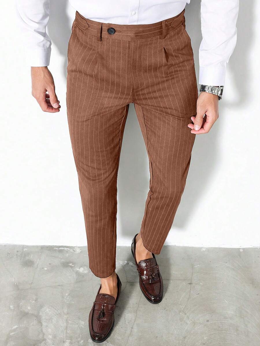 Calvornis Men's Casual Commuter Striped Tapered Suit Pants - Coffee Brown - View 1