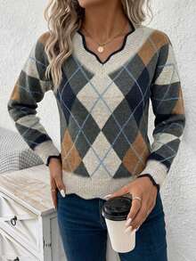 EMERY ROSE 女士休闲V领做旧毛衣，适合秋冬季穿着 - 彩色 - 查看 3