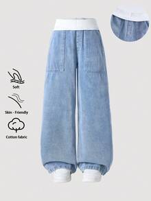 Tween Girls Denim Jeans, Suitable For Spring, Summer, Autumn And Winter. Medium Wash Blue, Y2K Streetwear Style, Casual And Versatile. All-Match Simple White Ribbed Elastic Waistband, Patch Pockets, Relaxed Wide Leg, Soft And Comfortable Cotton Denim Fabric, Ideal For Daily Wear, Gatherings, School, Commuting. New Spring/Autumn Collection. - Medium Wash - View 3
