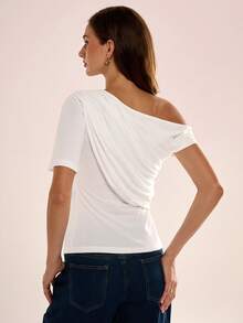 Avenya Summer Fashion Solid Color Ruched Shoulder T-Shirt - White - View 5