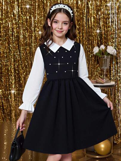 Sparklyn Young Girls Pearl Embellished Collared Red & White Midi Dress, Sweet & Elegant Style Suitable For Party, Daily Wear, Spring/Autumn, Christmas Formal Dress For Girls Girls Black Dress Tweens Partywear Dress Young Girls Dress Girls Collared Dress