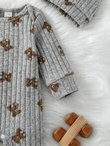 SHEIN 婴儿男女通用罗纹布小熊印花长袖连体衣和3D熊耳朵帽两件套，婴幼儿秋冬季服装，适合休闲、户外、度假等各种场合，男女皆宜的百搭设计 - 淺灰色 - 查看 5