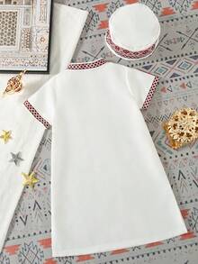 SHEIN Baby Boys' Middle Eastern Print Robe Top,White With Black Polka Dots,Summer,Modest,Wedding Guest Short Sleeve Stand Collar Contrast Color Split Hem - White - View 6