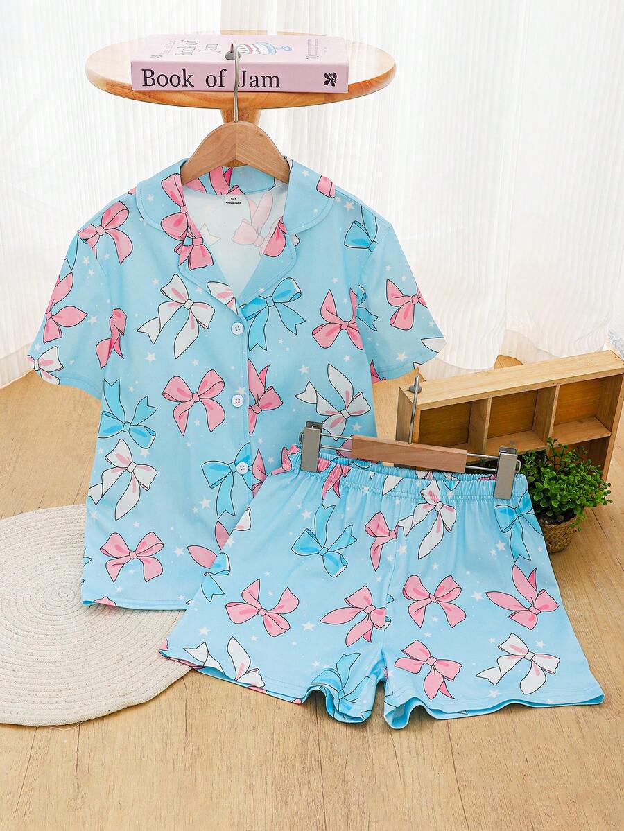 Bộ đồ ngủ cho bé gái tuổi teen, họa tiết bướm, kiểu dáng tươi tắn, áo cardigan tay ngắn + quần short, áo cardigan cổ bẻ + quần short, đồ ngủ thoải mái phù hợp cho mặc thường ngày, mùa hè.