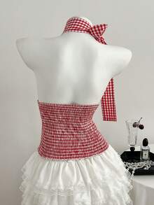 Lyxana Women's Red & White Plaid Cotton Fabric Asymmetric Shoulder Tie-Neck Backless Blouse, Elegant For Spring, Summer, Commute, Graduation, Back To School, Teacher, Daily Wear, Date - Red and White - View 2