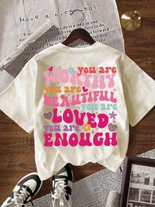 INAWLY Women's Casual Slogan Graphic Round Neck Short Sleeve T-Shirt, Summer - Apricot - View 6