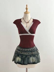 Elamini Brown Polka Dot Print Contrast White Lace V-Neck Waist Cinched Short Sleeve Cropped T-Shirt, Women's Spring/Summer Fashion Commute Vacation Retro Elegant Cute Date Minimalist Everyday Versatile - Brown - View 3