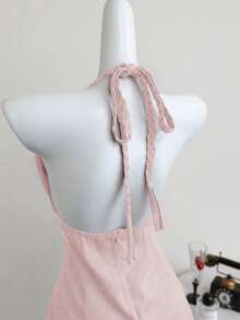 Elamini Deep V-Neck Halter Tie Knot Backless A-Line Dress, Elegant & Sexy, Spring/Summer - Baby Pink - View 2