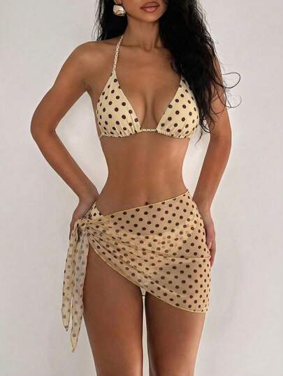 Swim Mod Women's Beige Summer Polka Dot Print Halter Tie Back Bikini 3-Piece Set,70s Retro Beach Party Holiday,Vacation Elegant Casual Skirt Swimwear Set