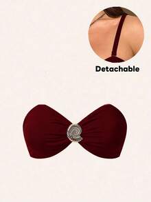 Swim Chiccia 大码三件套优雅棕色金属扣装饰连体泳衣，可拆分搭配其他服饰，适合派对和度假穿着 - 酒紅色 - 查看 8