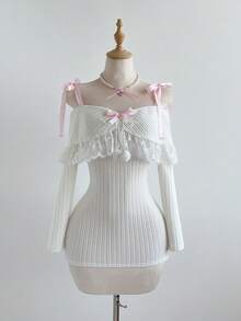 Elamini Đầm len dệt kim màu trắng phối lông giả, điểm nhấn là nơ hồng, kiểu dáng trễ vai, không tay, ôm sát, ngọt ngào, dễ thương, thanh lịch theo phong cách Y2K cho mùa xuân/hè, đa năng cho năm mới và mặc hàng ngày. - trắng - Xem 3