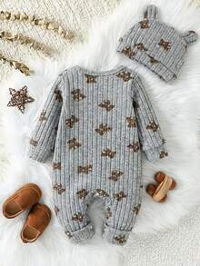 SHEIN 婴儿男女通用罗纹布小熊印花长袖连体衣和3D熊耳朵帽两件套，婴幼儿秋冬季服装，适合休闲、户外、度假等各种场合，男女皆宜的百搭设计 - 淺灰色 - 查看 2