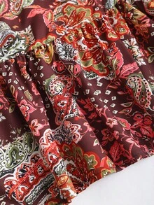 Sweetra Women's Brown Paisley Cashew Print Summer Strapless Drawstring Halter Backless Double Hem Bohemian Beach Vacation Sexy Bodycon Mini Dress - Multicolor - View 4