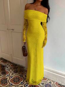 Flirla Elegant Solid Color Lace Off-Shoulder Wedding Christmas Party Dress - Yellow - View 3