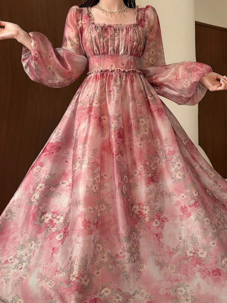 Women's Floral Print Ruched Waist Elegant Lantern Sleeve Dress, Suitable For Parties And Events Sundress