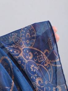 Sweetra Women's Blue Paisley Cashew Floral Print V-Neck Halter Backless Asymmetric Hem Cropped Top With Layered Ruffle Skirt And Side Tie, Sexy Boho Vacation Outfit. Spring/Summer. Perfect Summer Holiday Outfits. - Blue - View 7