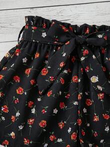 SHEIN 少女休闲简约舒适不对称领口背心和短裤套装 - 黑色 - 查看 4
