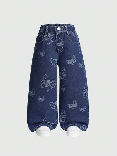 SHEIN Pantalones anchos con parche de corazón bordado, cintura elástica y bolsillos planos para niña, el mejor atuendo de moda diario de estilo urbano y lavado claro