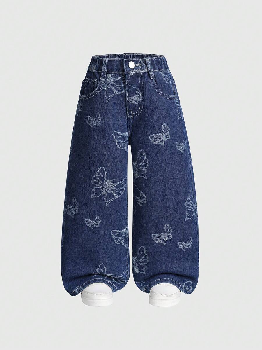 SHEIN 年轻女孩休闲都市浅色水洗全松紧腰心形贴布刺绣阔腿裤，带平口袋，最佳日常时尚穿搭 - 藍色 - 查看 1