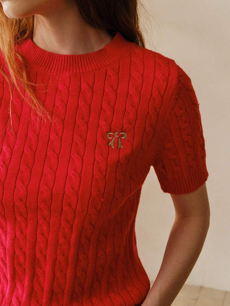 WOMEN'S BOW EMBROIDERY SHORT SLEEVE CABLE KNIT TOP